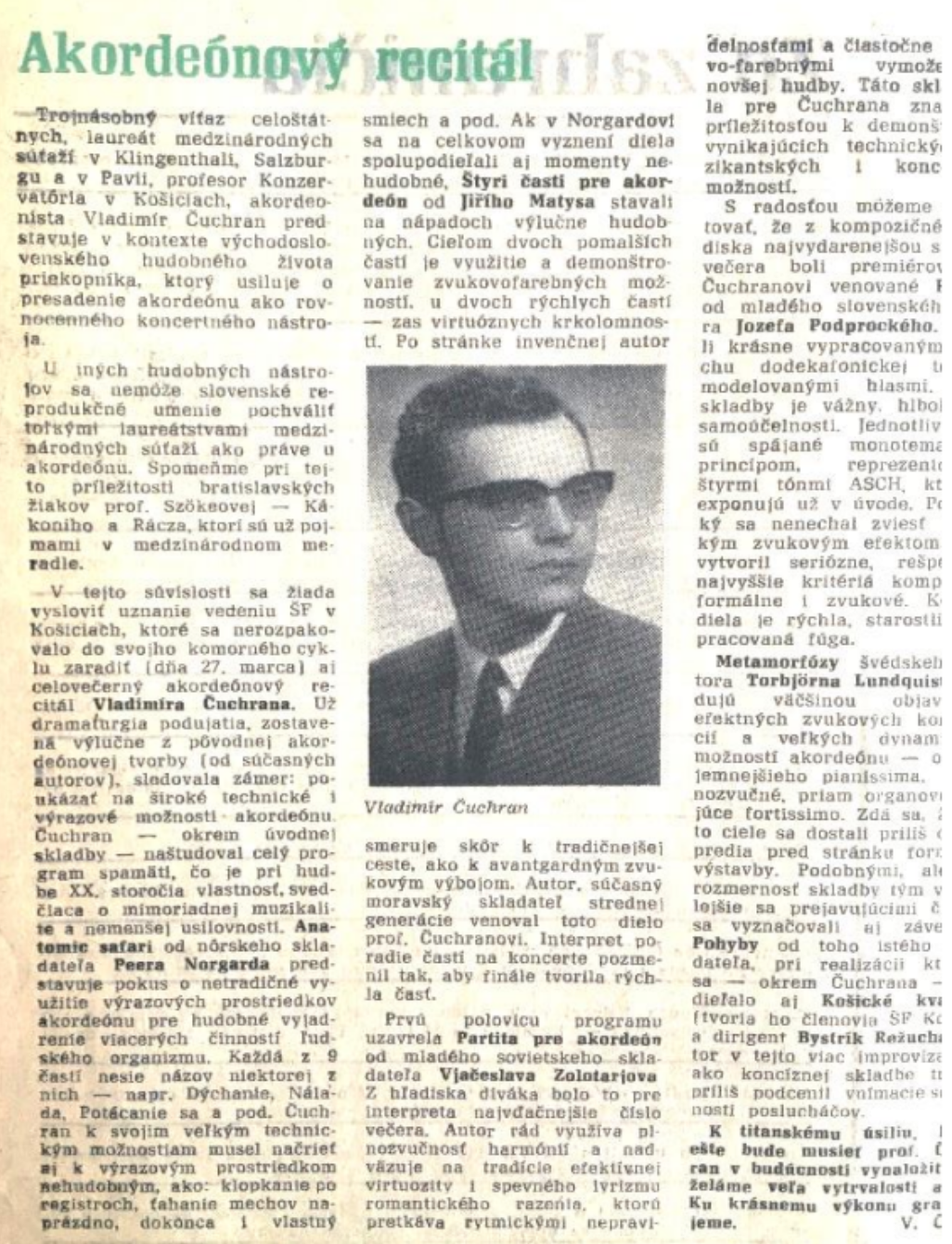 Pierwszy słowacki recital akordeonowy – recenzja występu Vladimíra Čuchrana (1974)