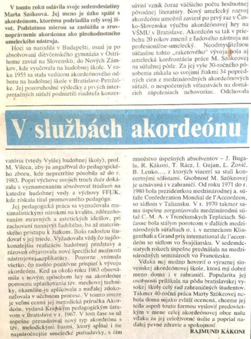Archiwum „Hudobného života”: artykuł o Marcie Szökeovej z 1990 roku
